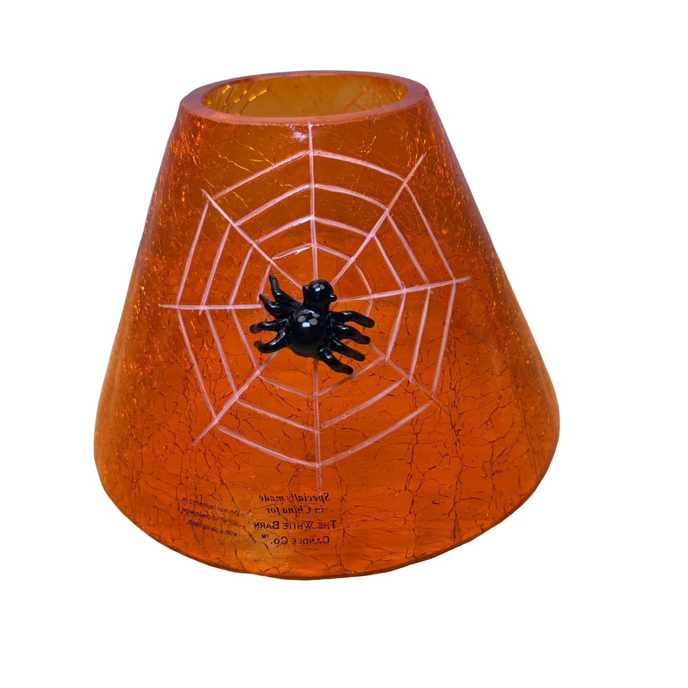 White Barn Candle Halloween Shade Orange 3D Spider Webs Large Jar Retired